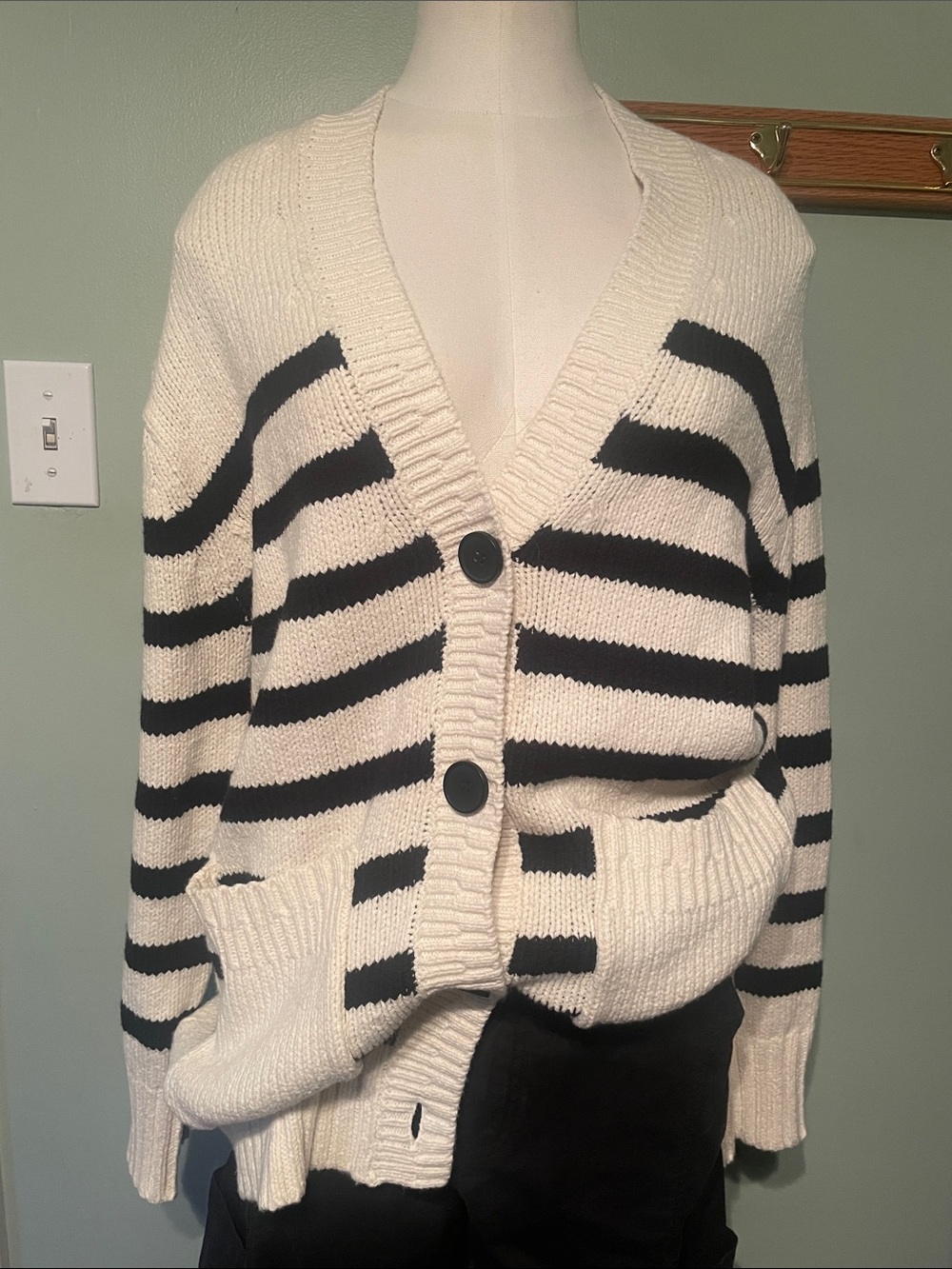 American Eagle Outfitters Cream and Black Striped V-Neck Button Cardigan